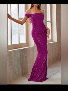 Off-Shoulder Sequin Evening Gown in Fuchsia